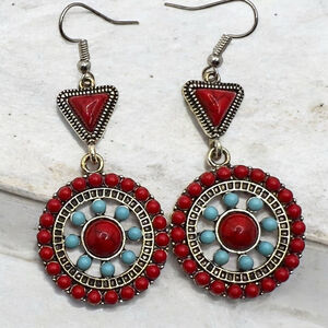 Boho Red Turquoise Beaded Dangle Earrings Western Mandala Festival Jewelry